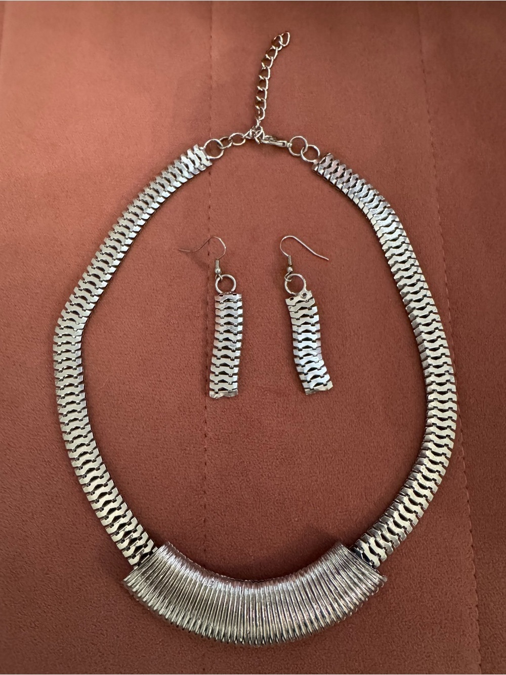 Silver Statement Collar Necklace & Drop Earrings Set